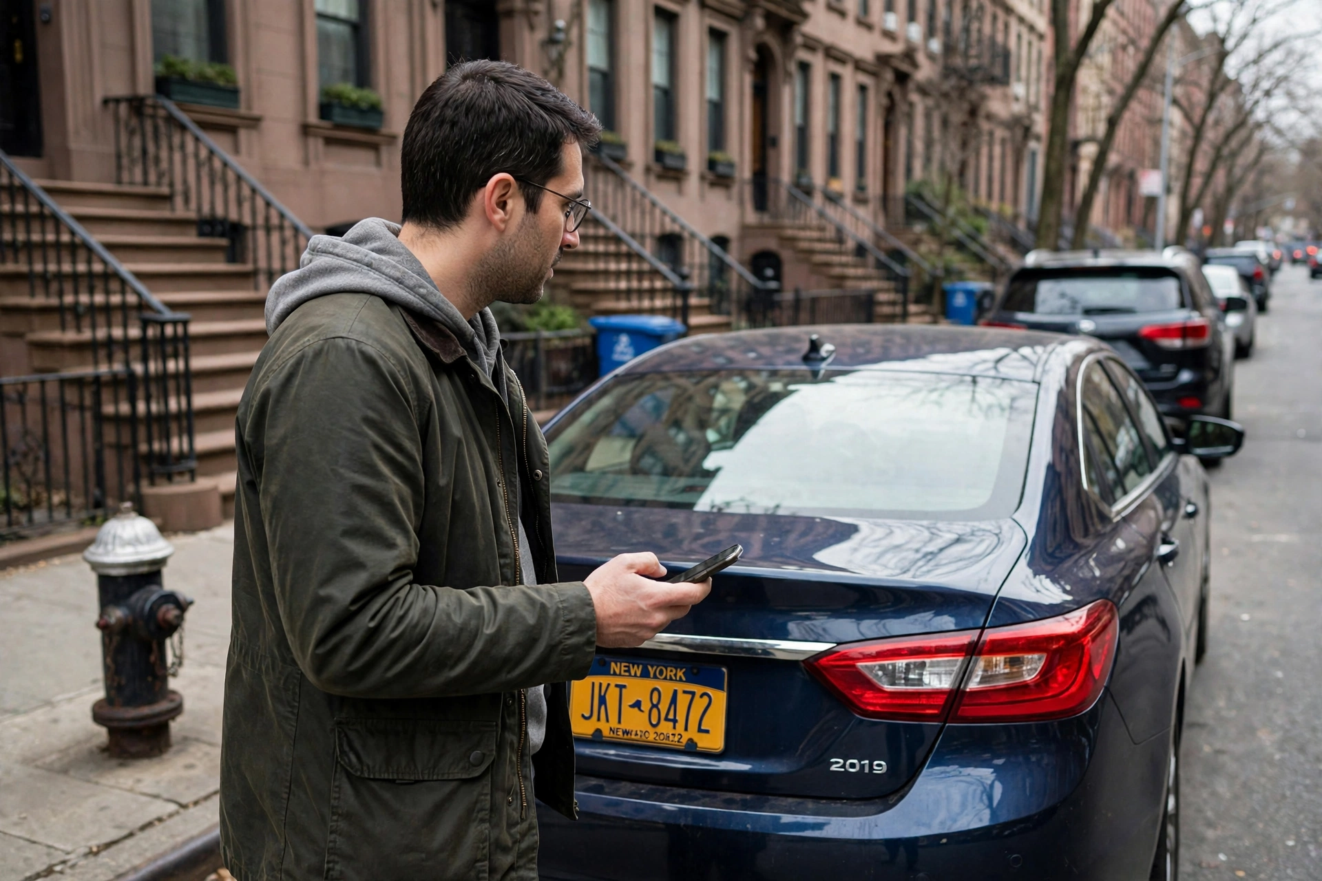 Driver beside a parked car in NYC checking a license plate on a phone — how to check tickets by license plate NYC