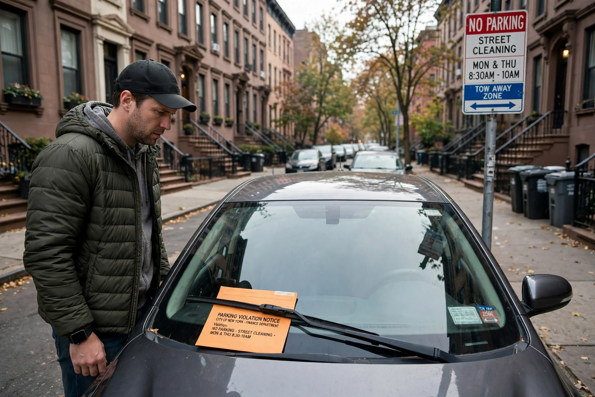 Driver finding an orange parking ticket envelope under a windshield wiper beside a street cleaning sign — the start of fighting a street cleaning ticket in NYC