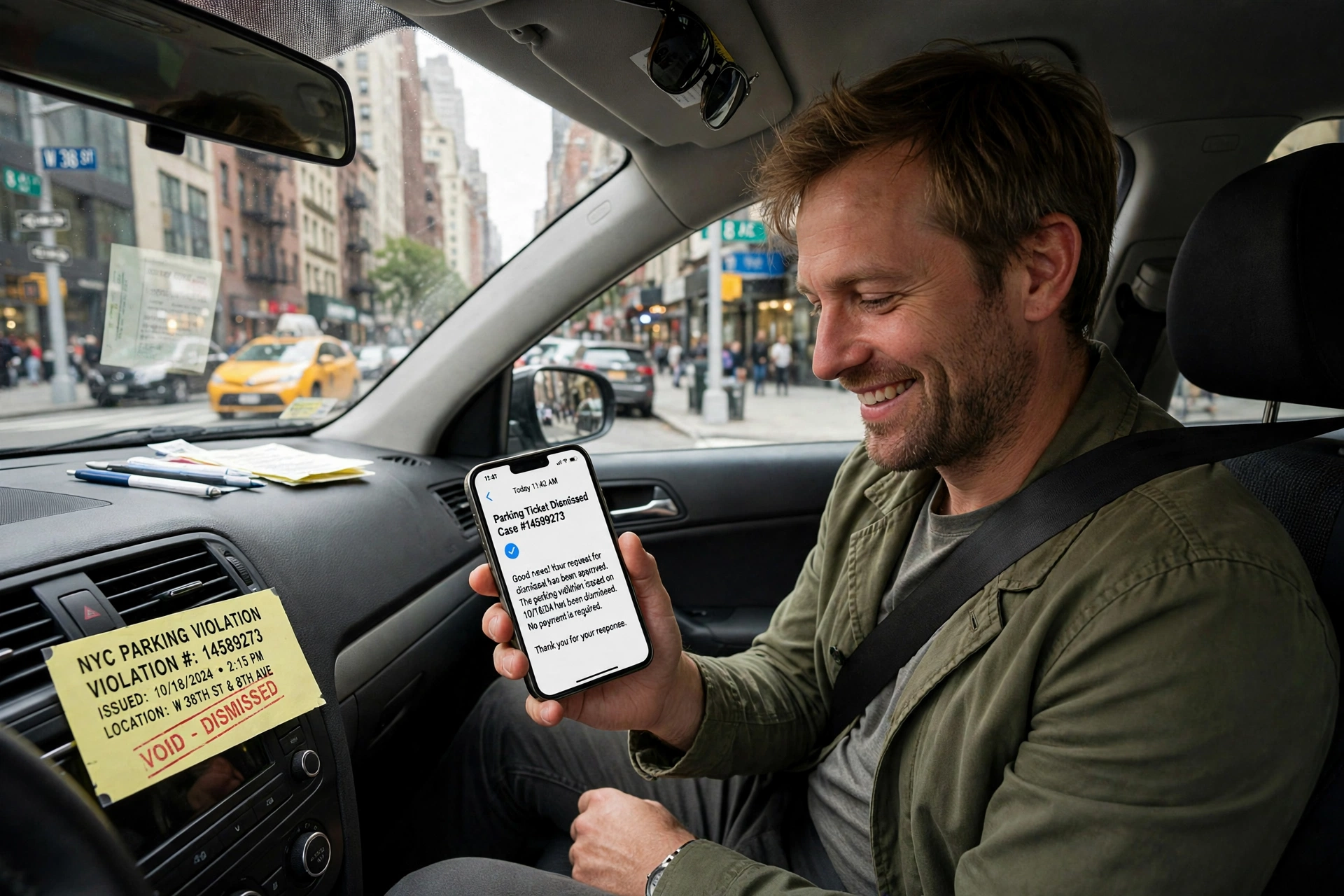 Driver reading a finished dispute letter on a phone after deciding to fight an expired meter ticket in NYC