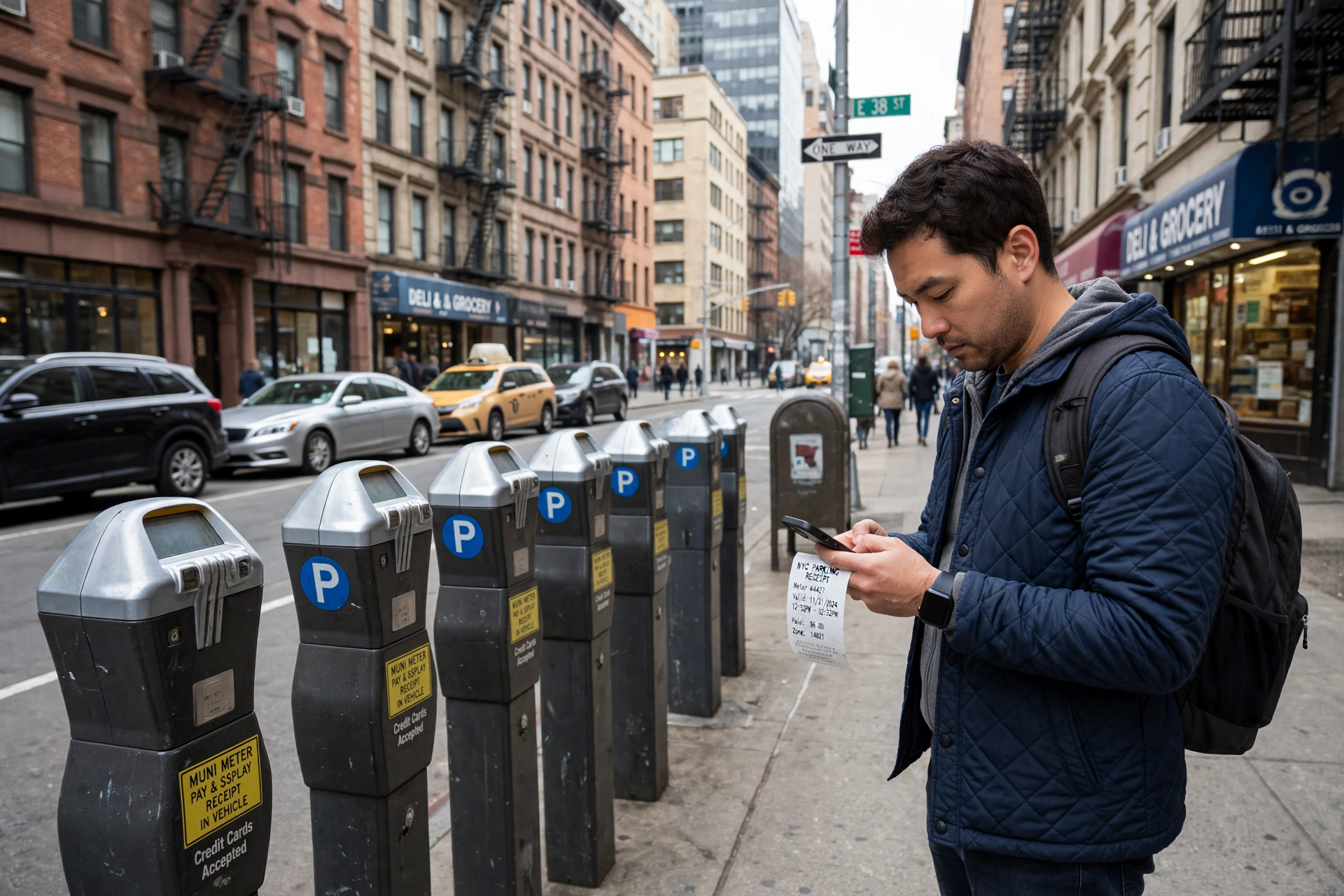 Driver checking a muni-meter receipt and phone beside parking meters — evidence for an expired meter ticket dispute in NYC